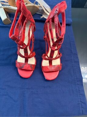 Jessica Simpson Red Snake-Print Strappy High Heels